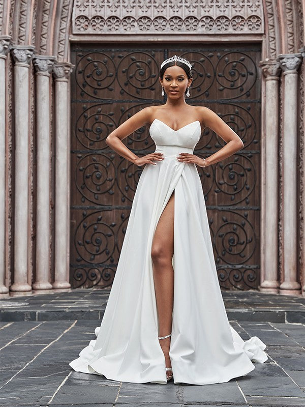 Wholesale A-Line/Princess Stretch Crepe Ruffles Sleeveless Sweetheart Court Train Wedding Dresses
